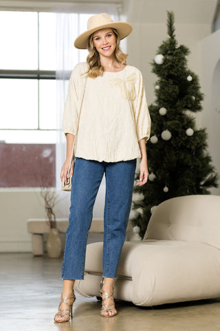 Walynn Woven Top with Pearl Ribbon Bow
