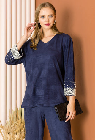 Alani Stretch Suede Top with Pearls