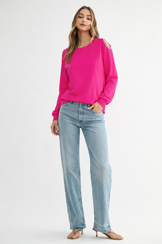 Rita Pointe Knit Top with Chain Trim Open Shoulder
