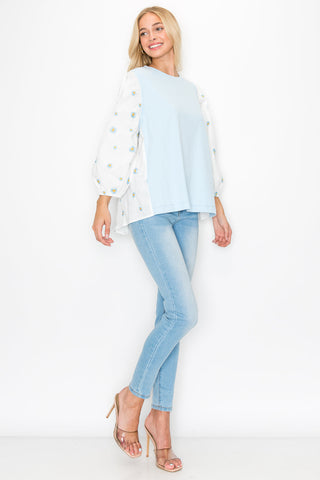 Robin Pointe Knit Top with Embroidered Summer Flowers