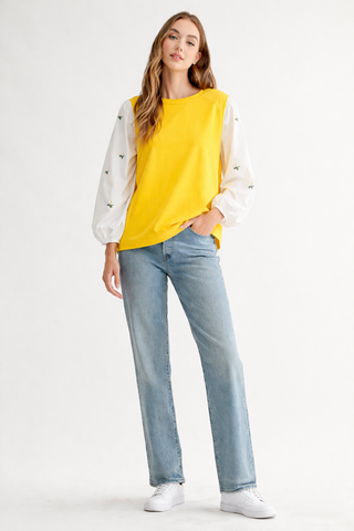 Robin Pointe Knit Top with Embroidered Summer Flowers