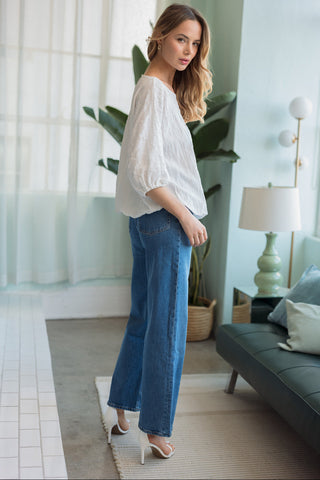 Walynn Woven Top with Pearl Ribbon Bow