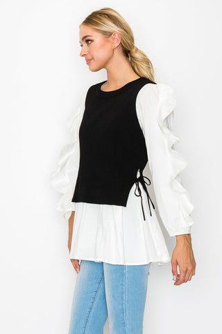 Wanelle Top with Ruffled Sleeves & Detachable Knitted Sweater Vest