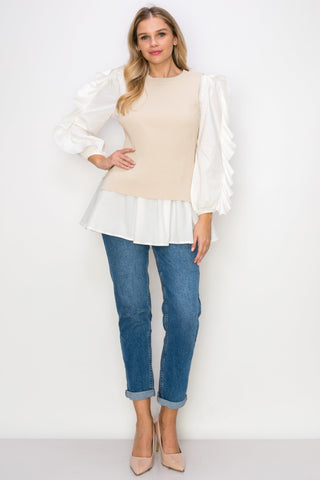 Wanelle Top with Ruffled Sleeves & Detachable Knitted Sweater Vest