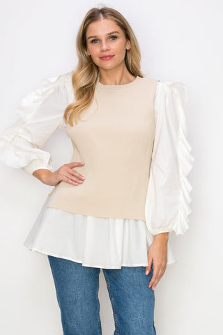 Wanelle Top with Ruffled Sleeves & Detachable Knitted Sweater Vest