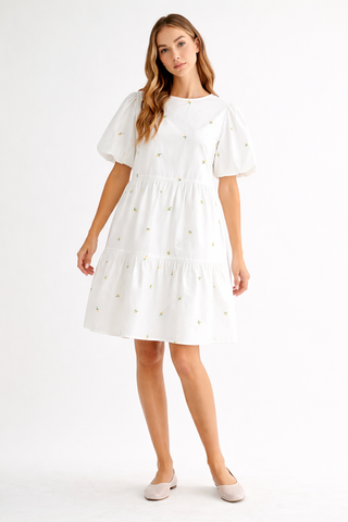 Weslee Cotton Poplin Dress with Embroidered Summer Flowers