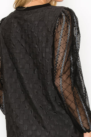 Connie Textured Woven Top with Stretch Mesh Lace