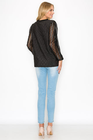 Connie Textured Woven Top with Stretch Mesh Lace