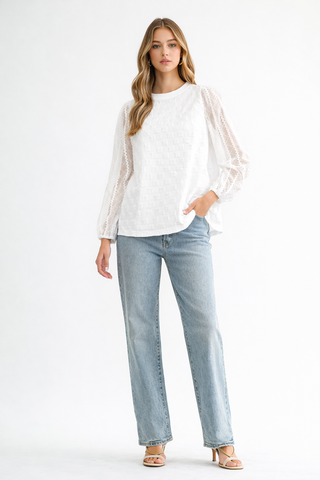 Connie Textured Woven Top with Stretch Mesh Lace