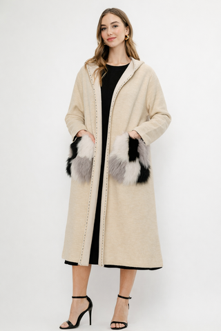 Stella Knitted Sweater Coat with Faux Fur Pockets