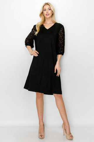 Angie Stretch Suede Dress with Crochet Lace Sleeves