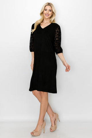 Angie Stretch Suede Dress with Crochet Lace Sleeves