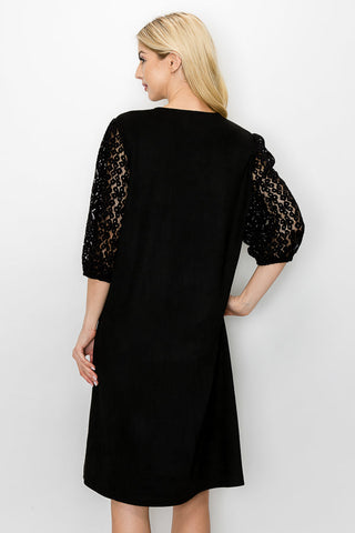 Angie Stretch Suede Dress with Crochet Lace Sleeves