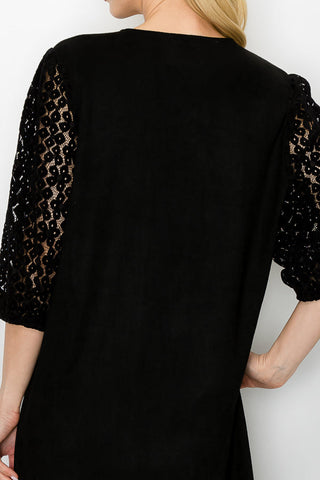 Angie Stretch Suede Dress with Crochet Lace Sleeves
