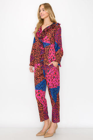 Wanice Cascade Ruffle Printed Charmeuse Top