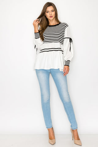 Reva Knitted Stripe Top with Cotton Poplin