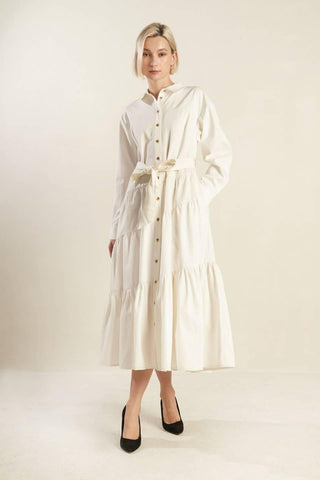 ANYTIME NOW WOVEN TWILL MIDI DRESS