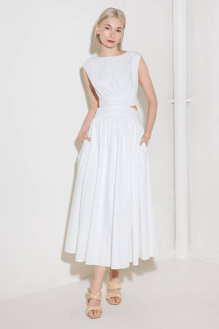 CHASING PEACE IN WHITE WOVEN MIDI DRESS