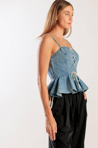 GRAND ENTRANCE INDIGO DENIM TOP