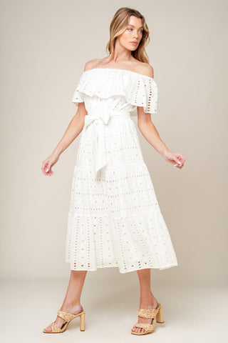 CATCHING MY BREATH EYELET MIDI DRESS