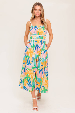 SUNLIT GARDEN PINK BLUE WOVEN MIDI DRESS