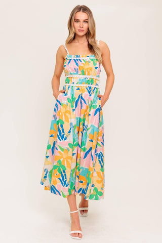 SUNLIT GARDEN PINK BLUE WOVEN MIDI DRESS