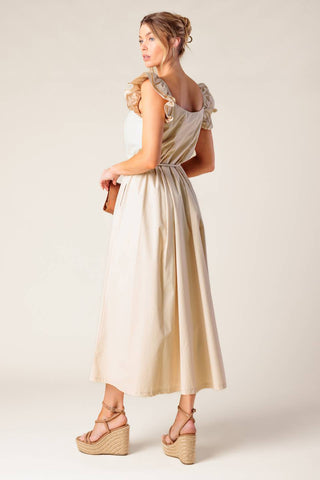 CHAMPAGNE TOAST TAUPE WOVEN MIDI DRESS