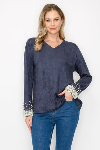 Alani Stretch Suede Top with Pearls