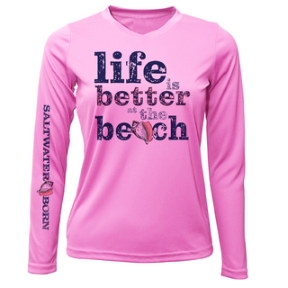 "Life Is Better At The Beach" Conch Women's Long Sleeve UPF 50+ Dry-Fit Shirt (No Back)