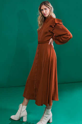 TIER ELEGANCE BROWN WOVEN MIDI DRESS